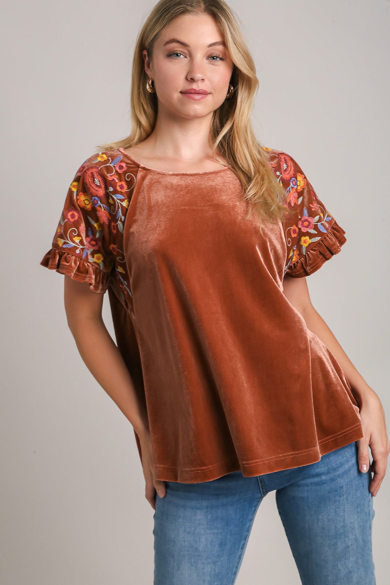 Umgee Velvet Embroidery Top - Brown