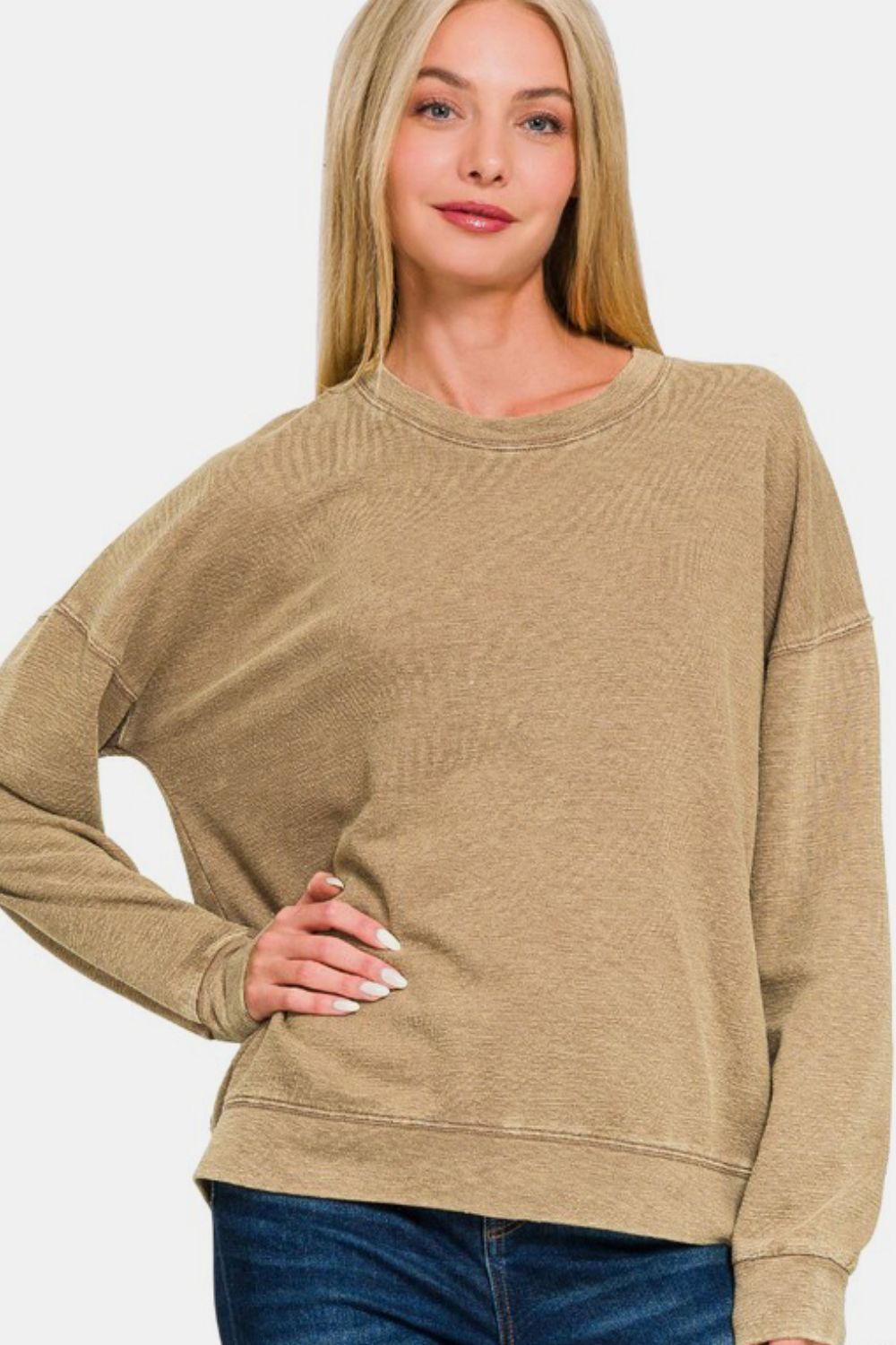 Zenana Washed Dropped Shoulder Sweatshirt - Camel