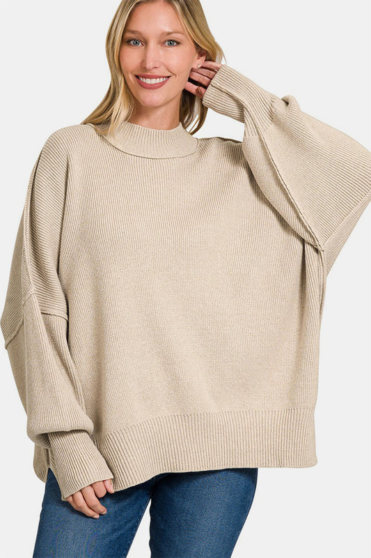 Zenana Beige Side Slit Sweater