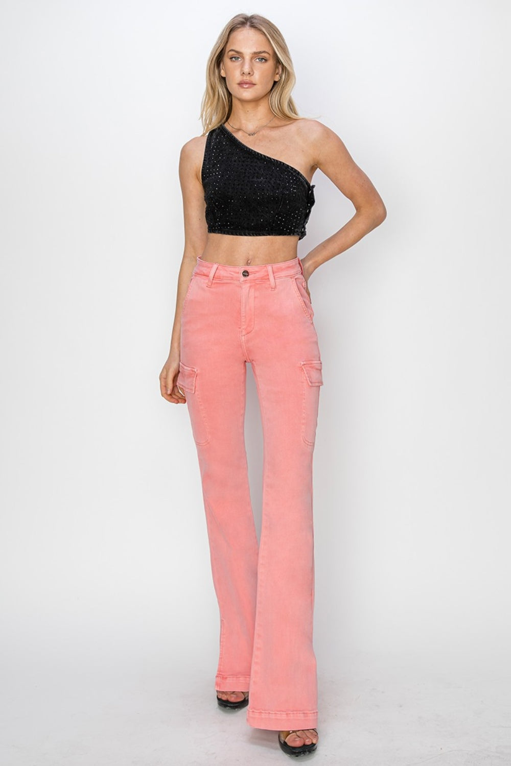 RISEN High Rise Side Slit Cargo Bootcut Jeans - Flamingo