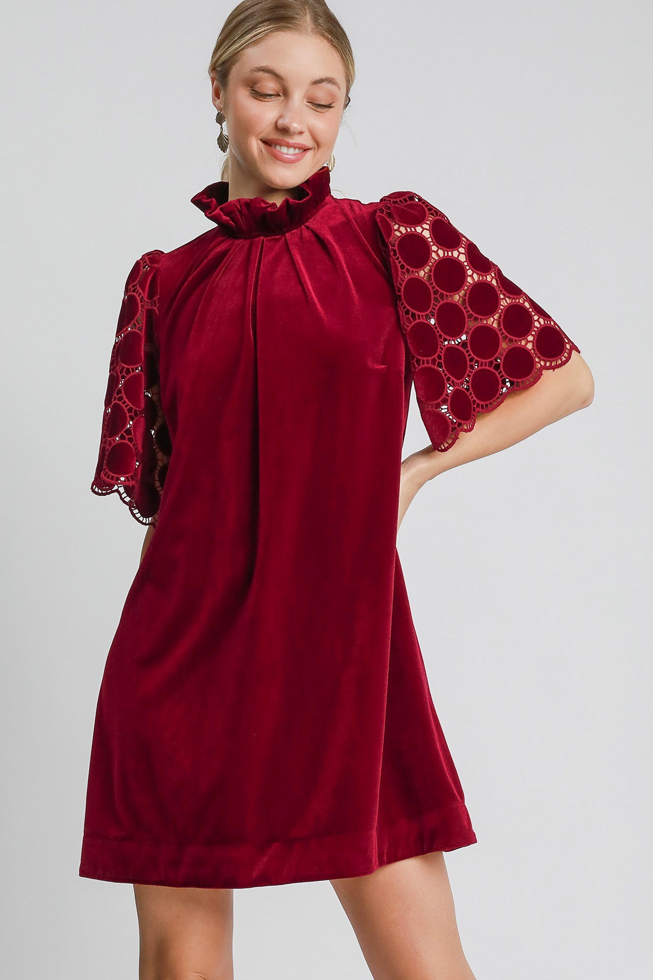 Umgee Velvet Mock Neck Dotted Dress - Burgundy