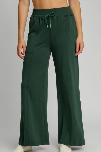 Umgee Drawstring Wide Leg Pants with Pockets - Evergreen