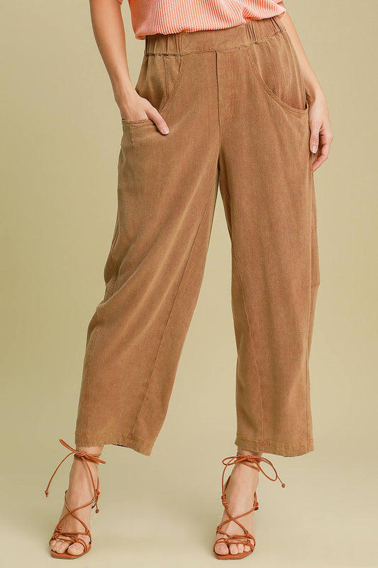 Umgee Elastic Waist Baggy Fit Pants with Pockets - Caramel