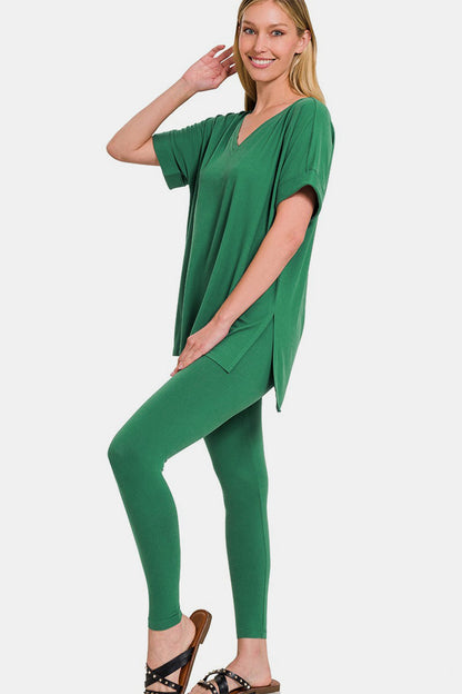 Zenana V-Neck Short Sleeve Top & Leggings Set - Forest