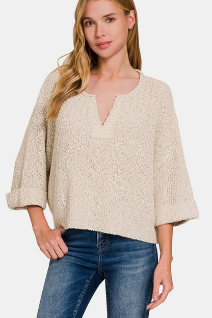 Zenana Three Quarter Sleeve Beige Sweater