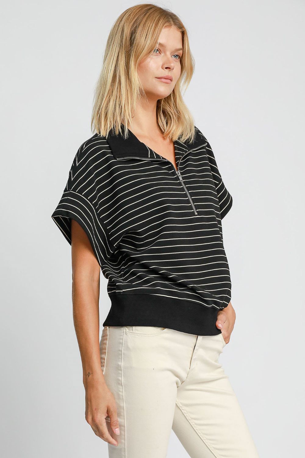 Umgee Striped Short Sleeve Sweatshirt - Black