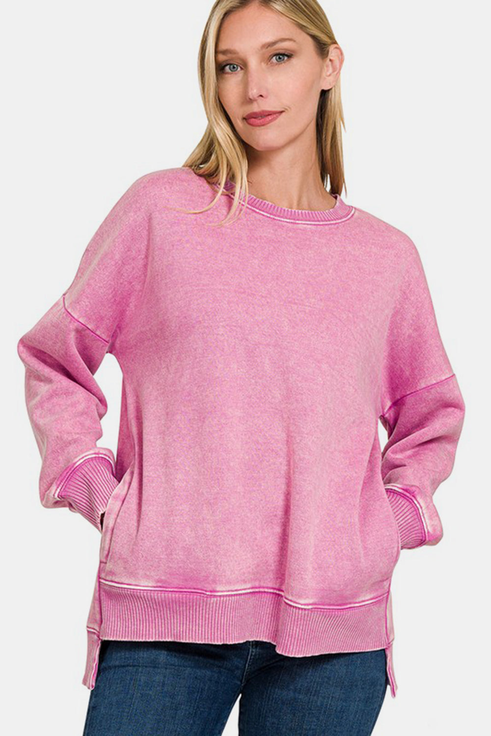 Zenana Acid Wash Sweatshirt - Dusty Pink