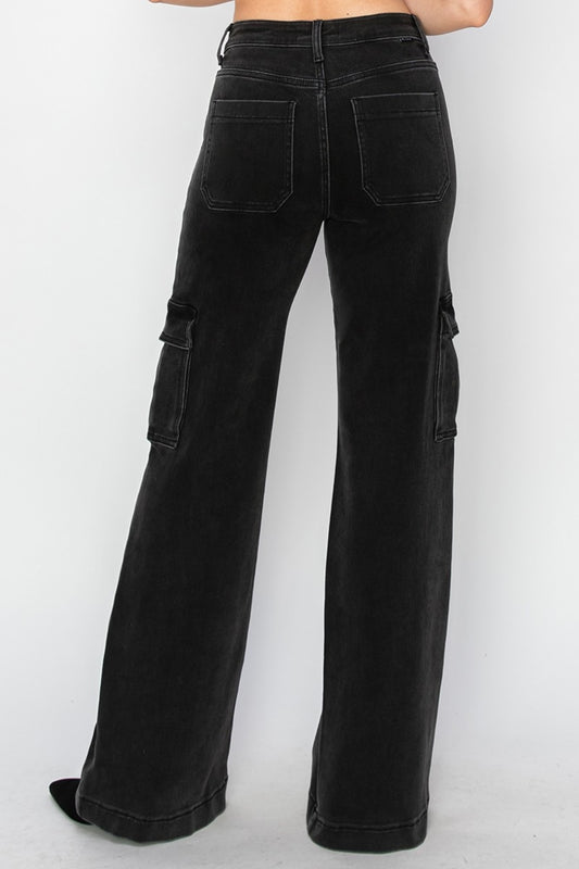 Risen High Rise Wide Leg Cargo Style Jeans - Black