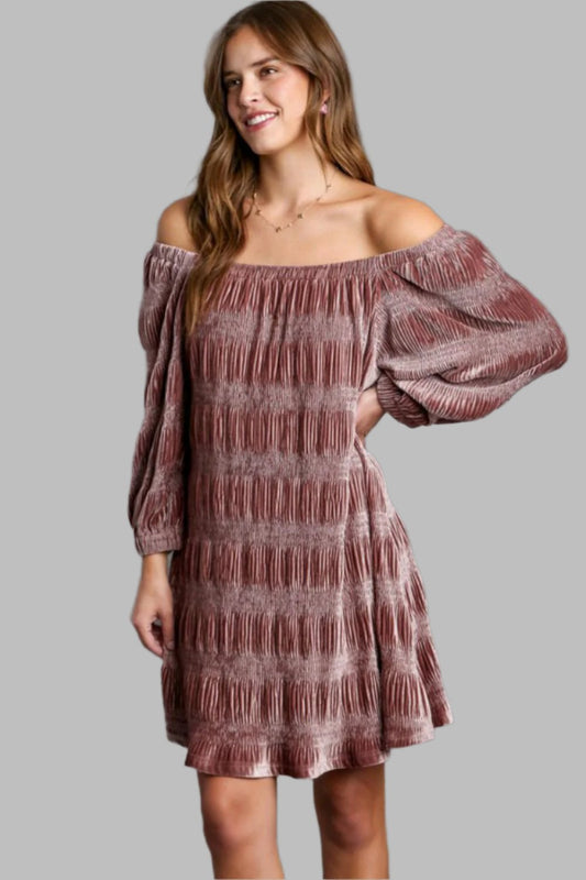 Umgee Velvet Off-Shoulder Dress - Dusty Pink