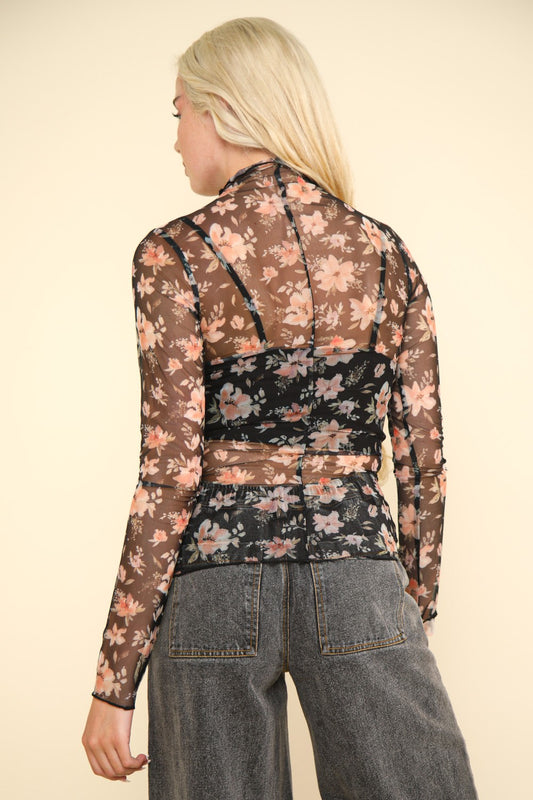 Floral Mock Neck Sheer Mesh Top