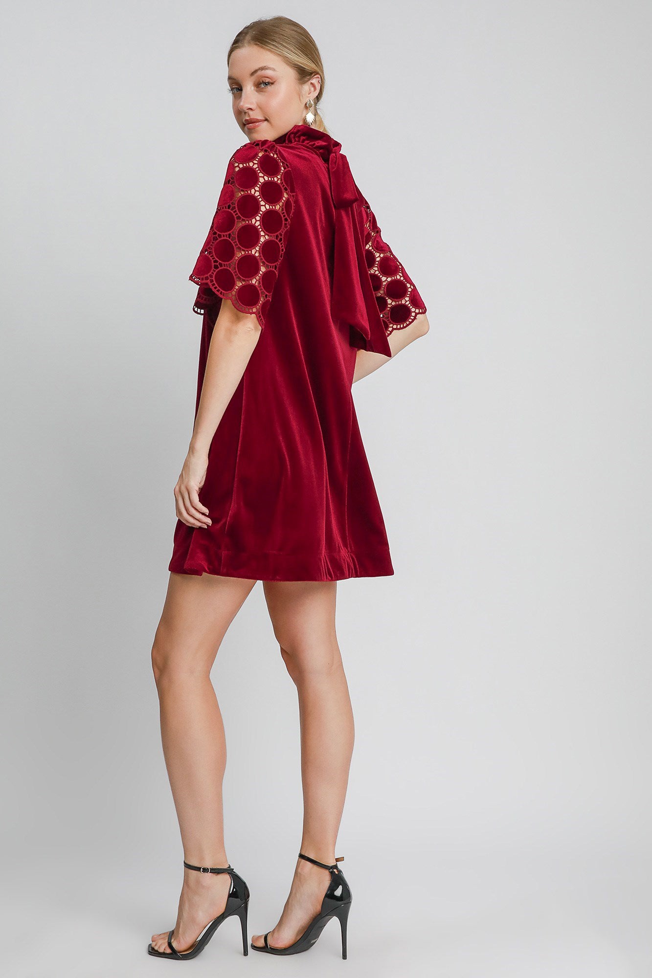 Umgee Velvet Mock Neck Dotted Dress - Burgundy