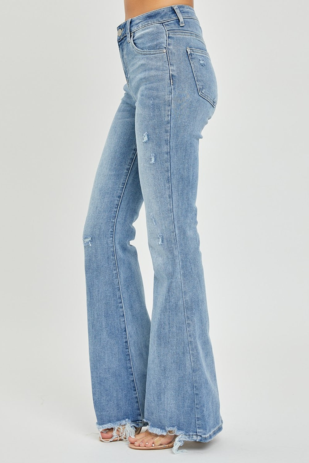 Risen High Rise Frayed Hem Flare Jeans - Light