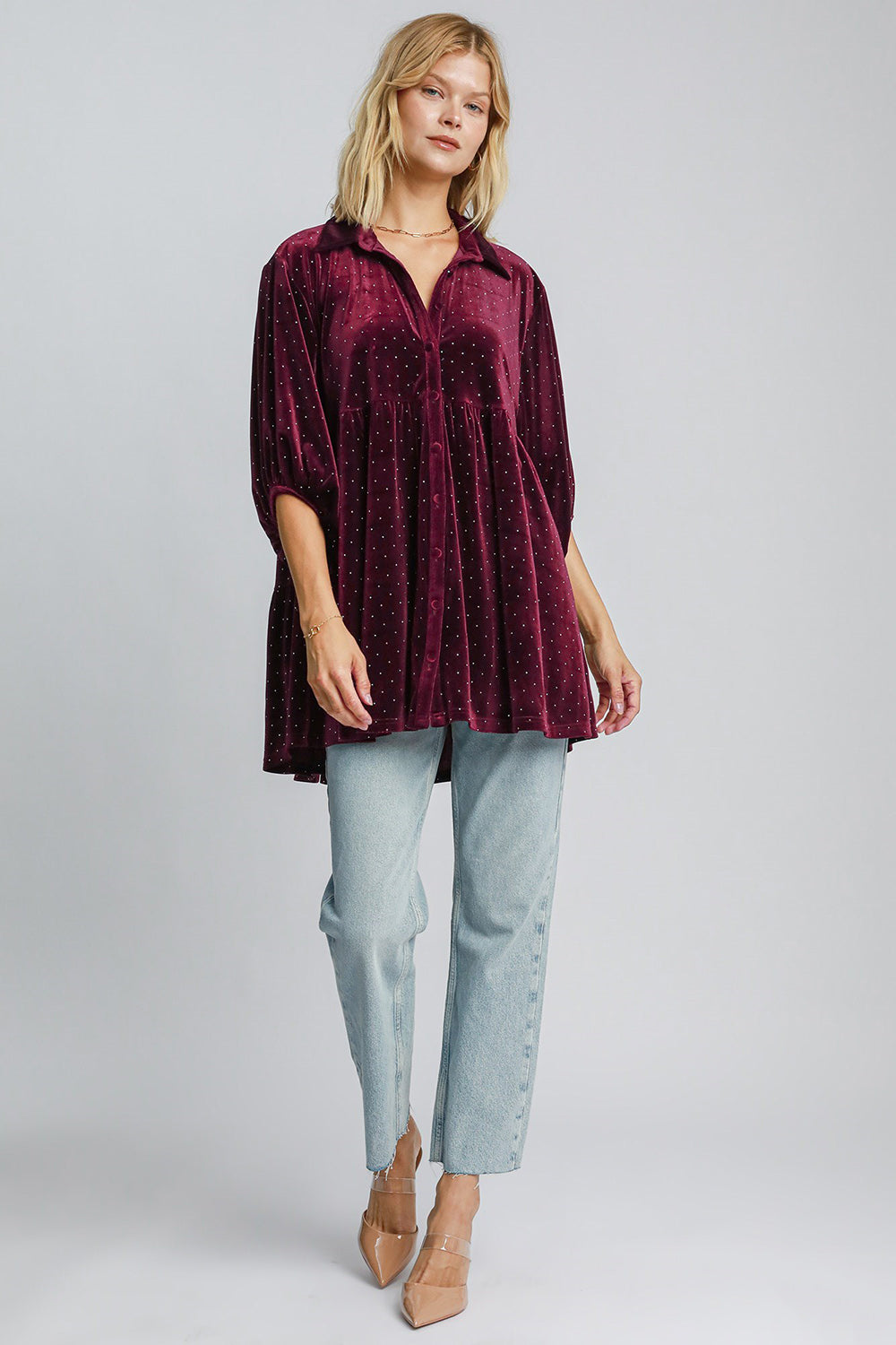 Umgee Polka Dot Button Up Top - Burgundy