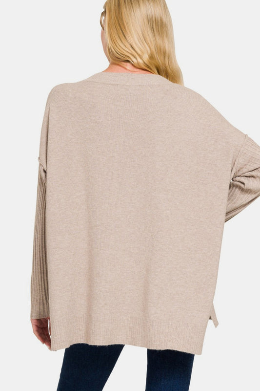 Zenana V-Neck High-Low Sweater - Mocha