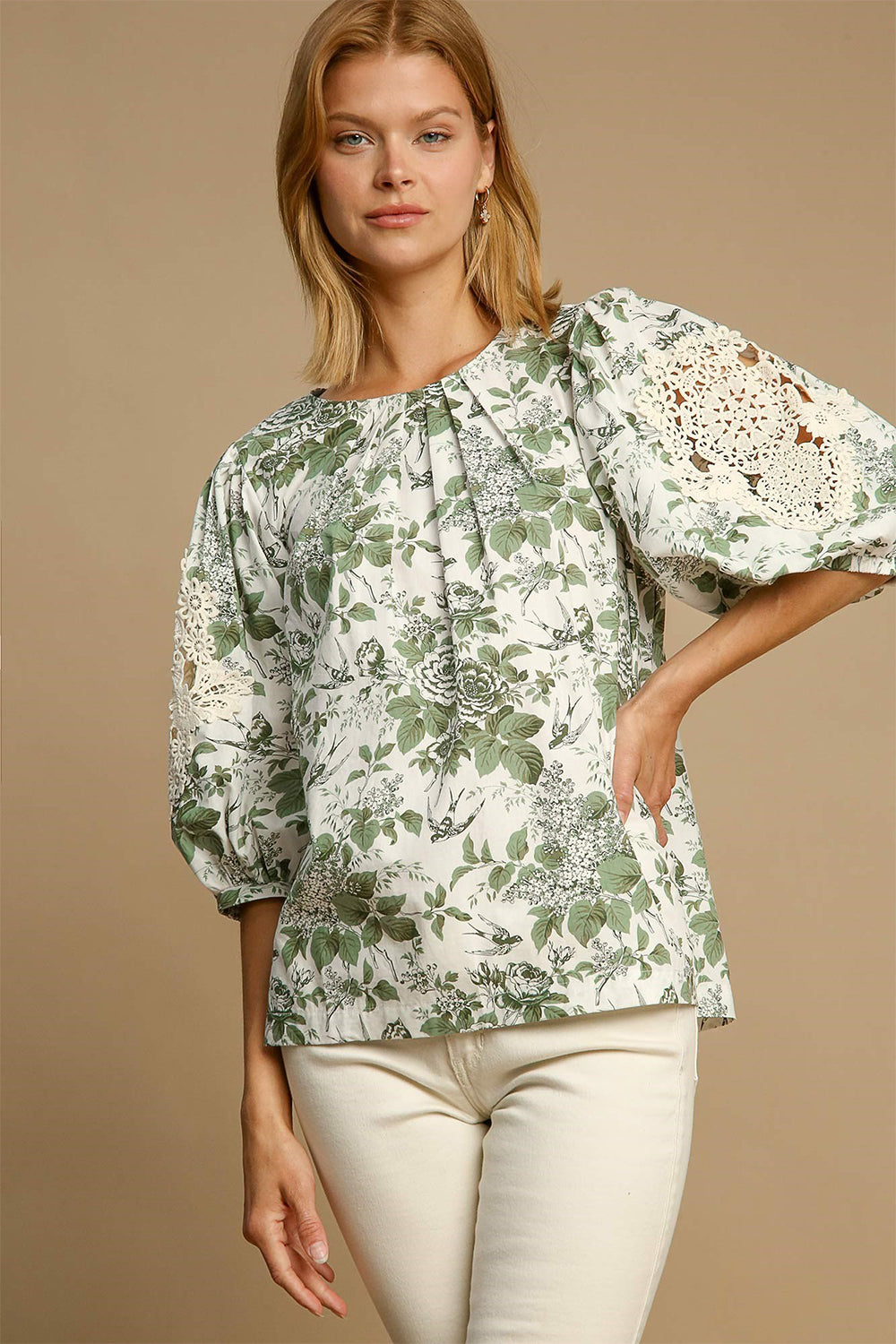 Umgee Floral Pleated Top - Sage