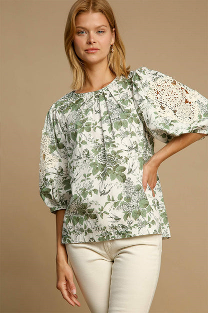 Umgee Floral Pleated Top - Sage