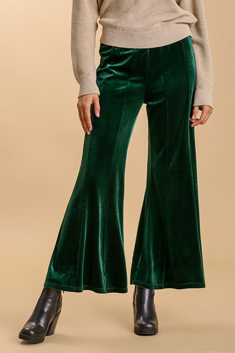 Umgee High Rise Elastic Waist Flare Pants - Dark Green
