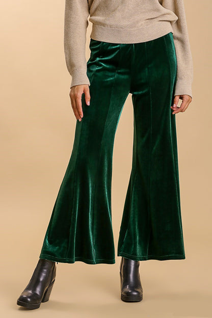 Umgee High Rise Elastic Waist Flare Pants - Dark Green