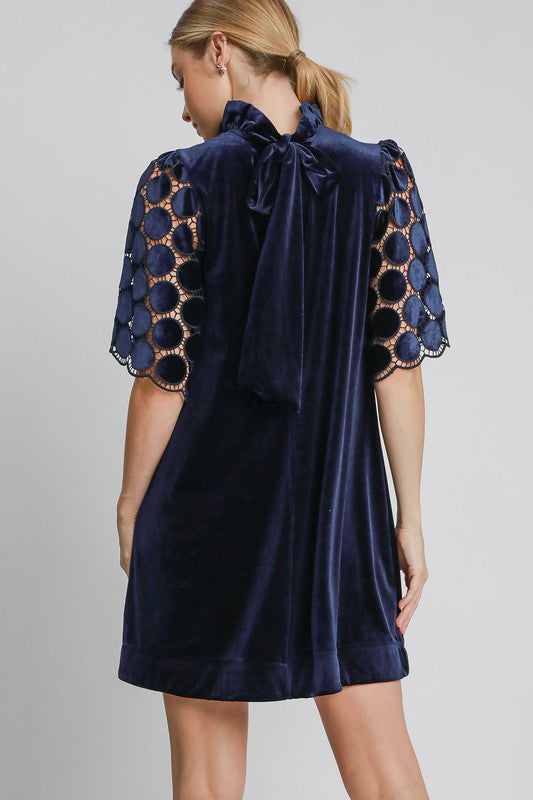 Umgee Velvet Mock Neck Dotted Dress - Navy