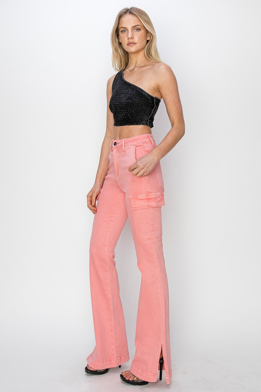 RISEN High Rise Side Slit Cargo Bootcut Jeans - Flamingo