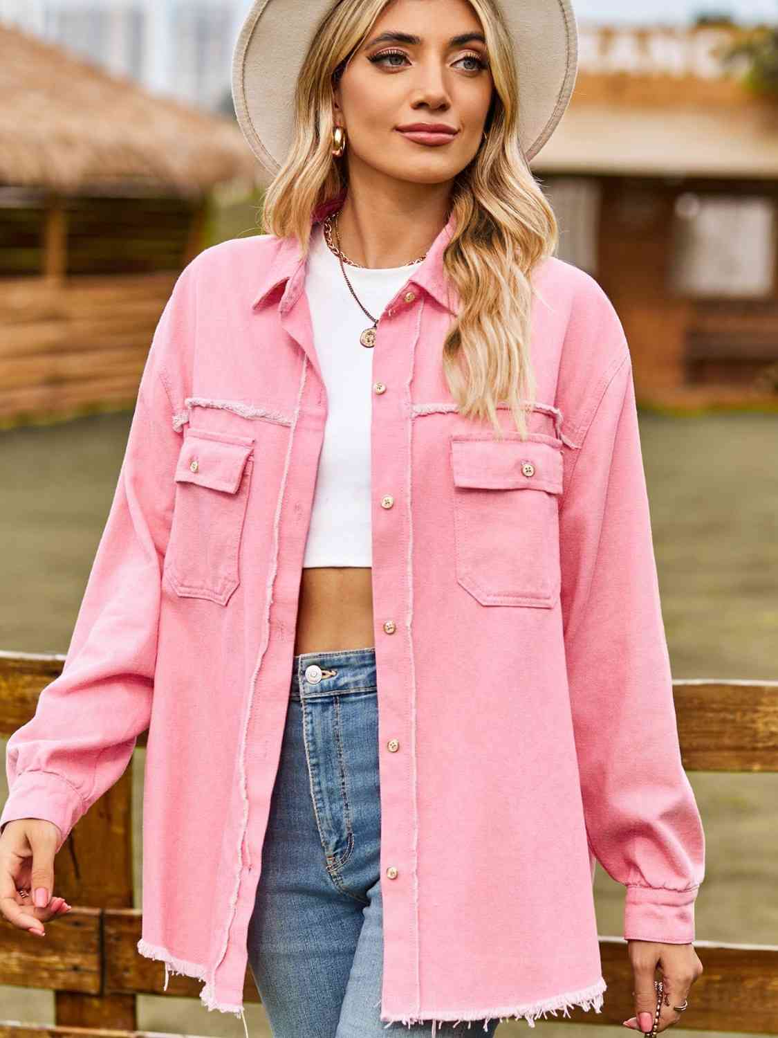 Cozy Cowgirl  Raw Hem Denim Shacket Top