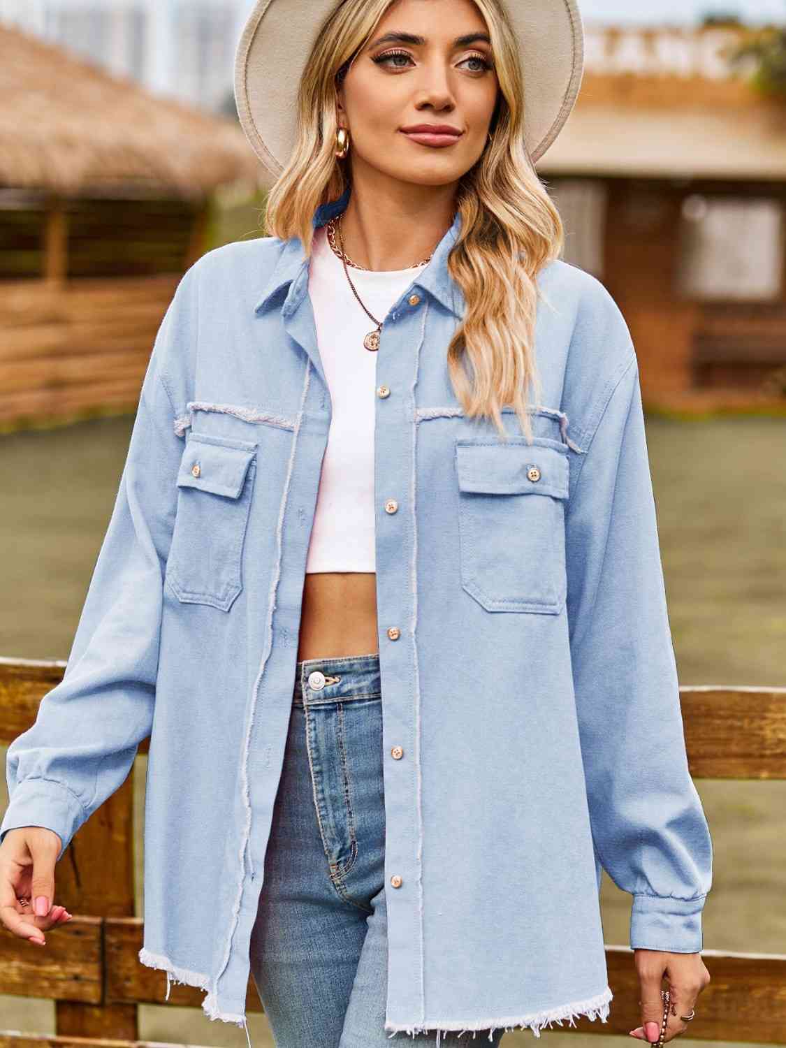 Cozy Cowgirl  Raw Hem Denim Shacket Top