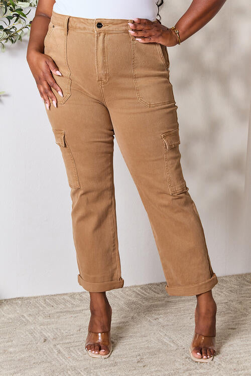 Risen Cocoa High Waist Straight Jeans with Pockets