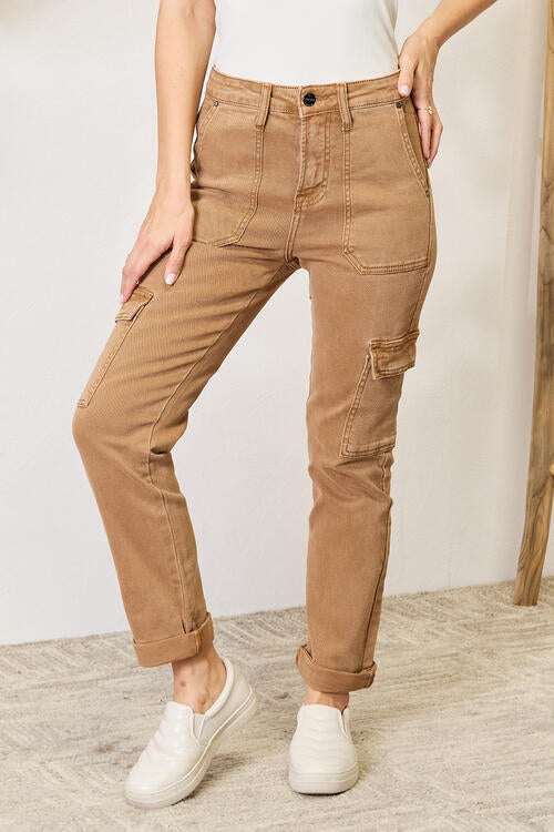 Risen Cocoa High Waist Straight Jeans with Pockets