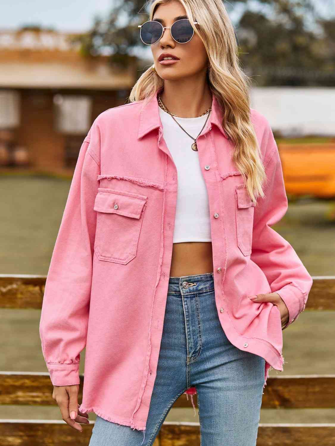 Cozy Cowgirl  Raw Hem Denim Shacket Top