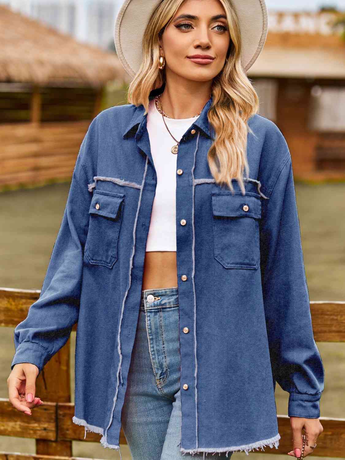 Cozy Cowgirl  Raw Hem Denim Shacket Top