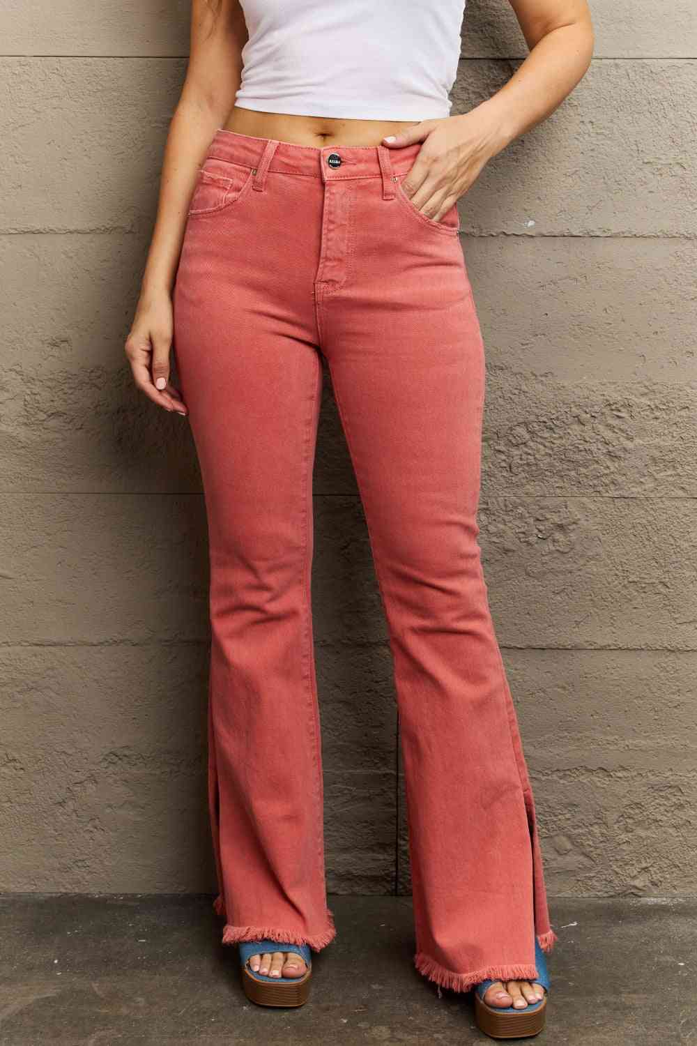 RISEN Bailey High Waist Side Slit Flare Jeans - Coral