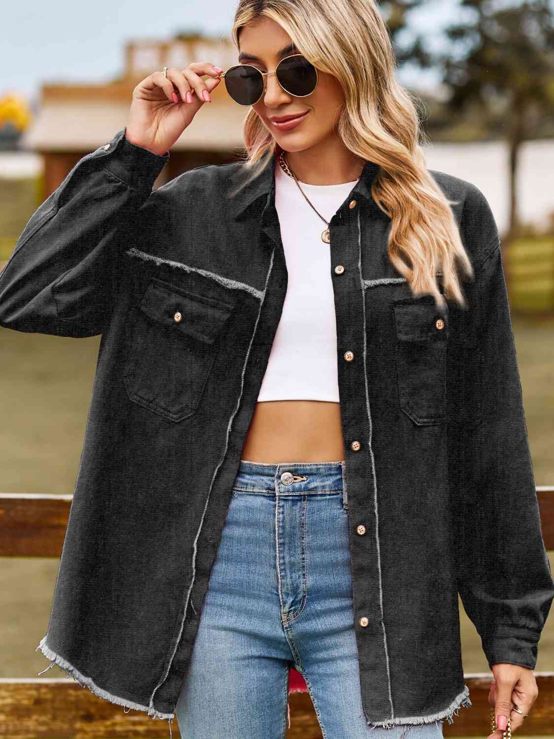 Cozy Cowgirl  Raw Hem Denim Shacket Top