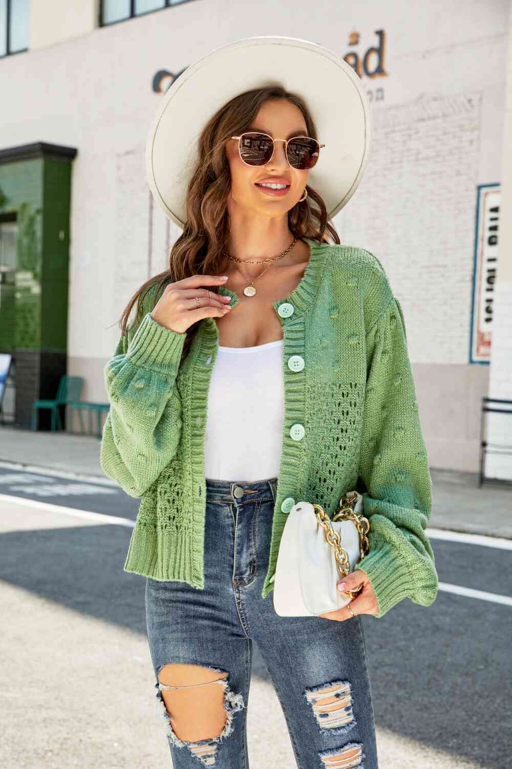 Pompom Puff Sleeve Cardigan