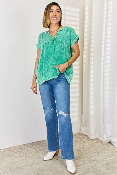 Zenana Green Raw Hem Top