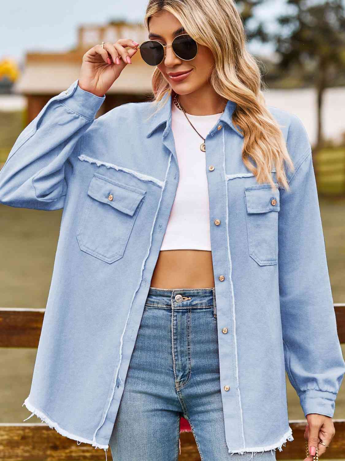 Cozy Cowgirl  Raw Hem Denim Shacket Top