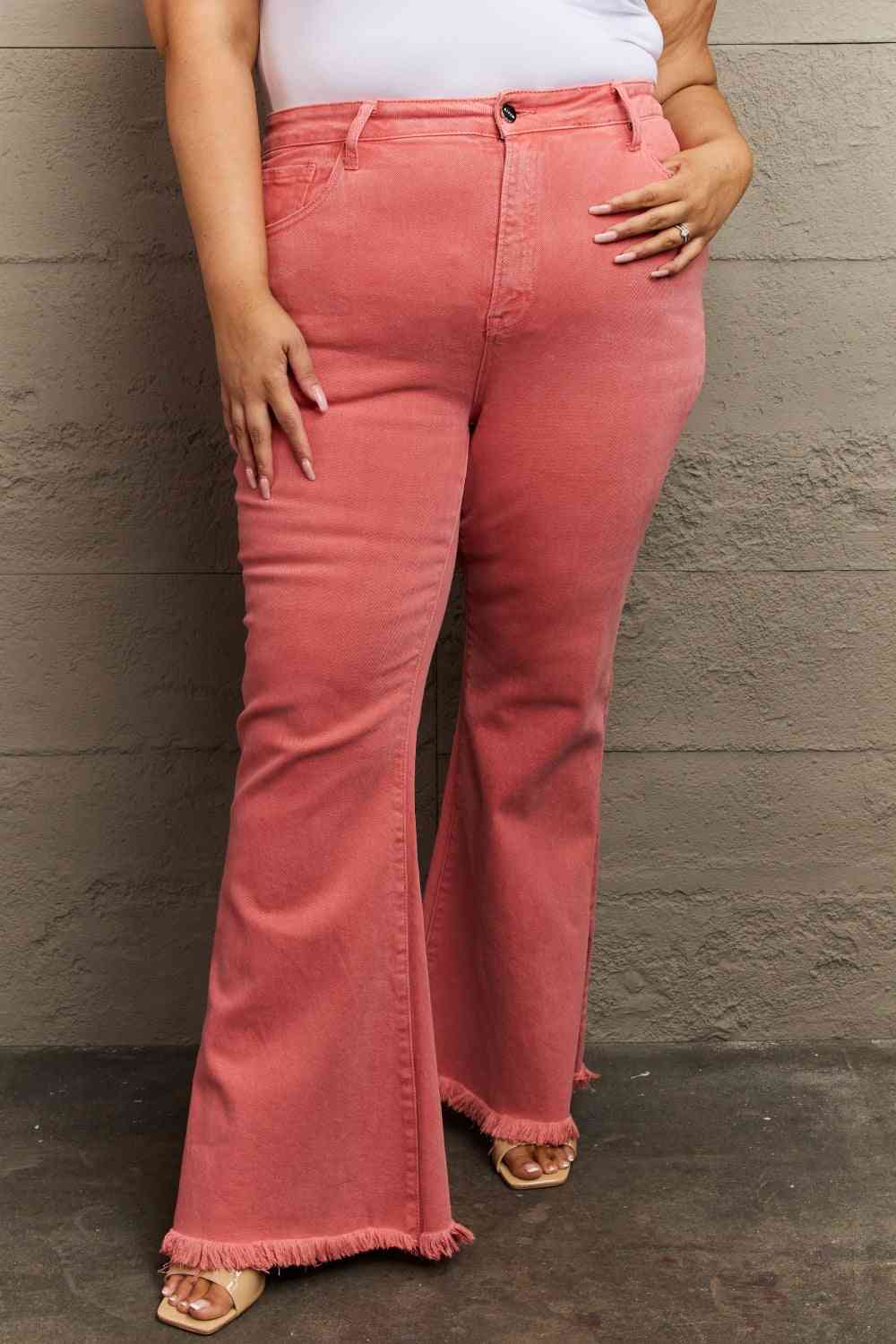 RISEN Bailey High Waist Side Slit Flare Jeans - Coral