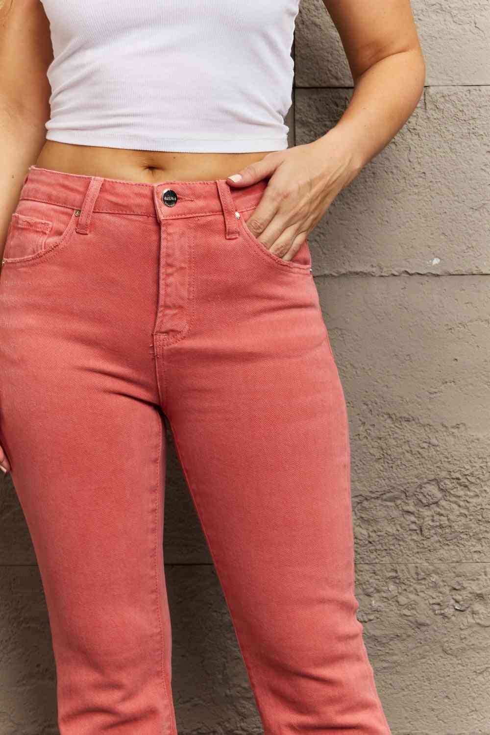 RISEN Bailey High Waist Side Slit Flare Jeans - Coral